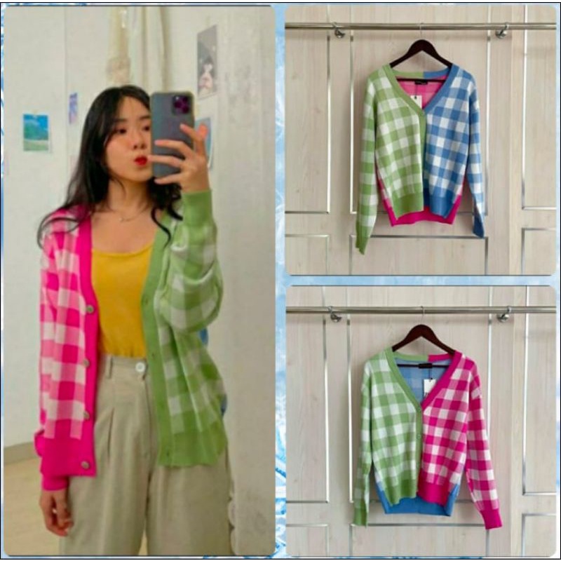 CARDIGAN KOTAK MALIKIN KOMBINASI / CARDIGAN WANITA RAJUT / CARDIGAN RAJUT