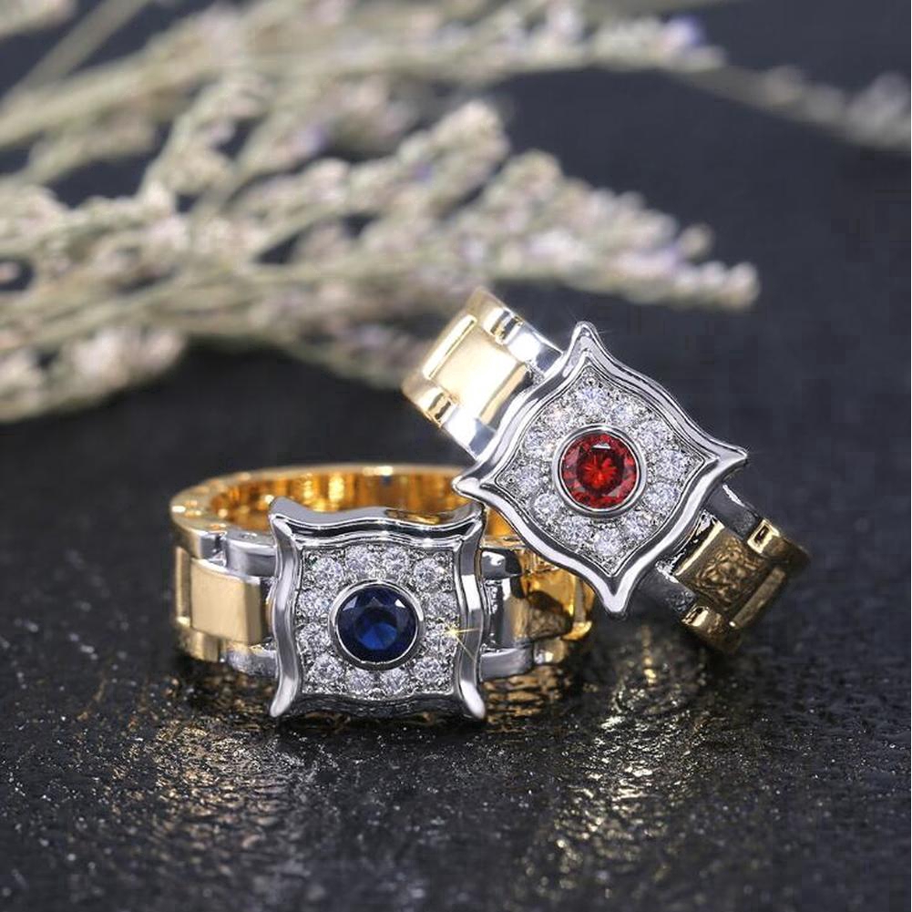 Cincin Pertunangan Rubi Safir Emas Perak Baja Titanium Berlian Kristal Pasangan Pria Wanita Fashion Couple Rings