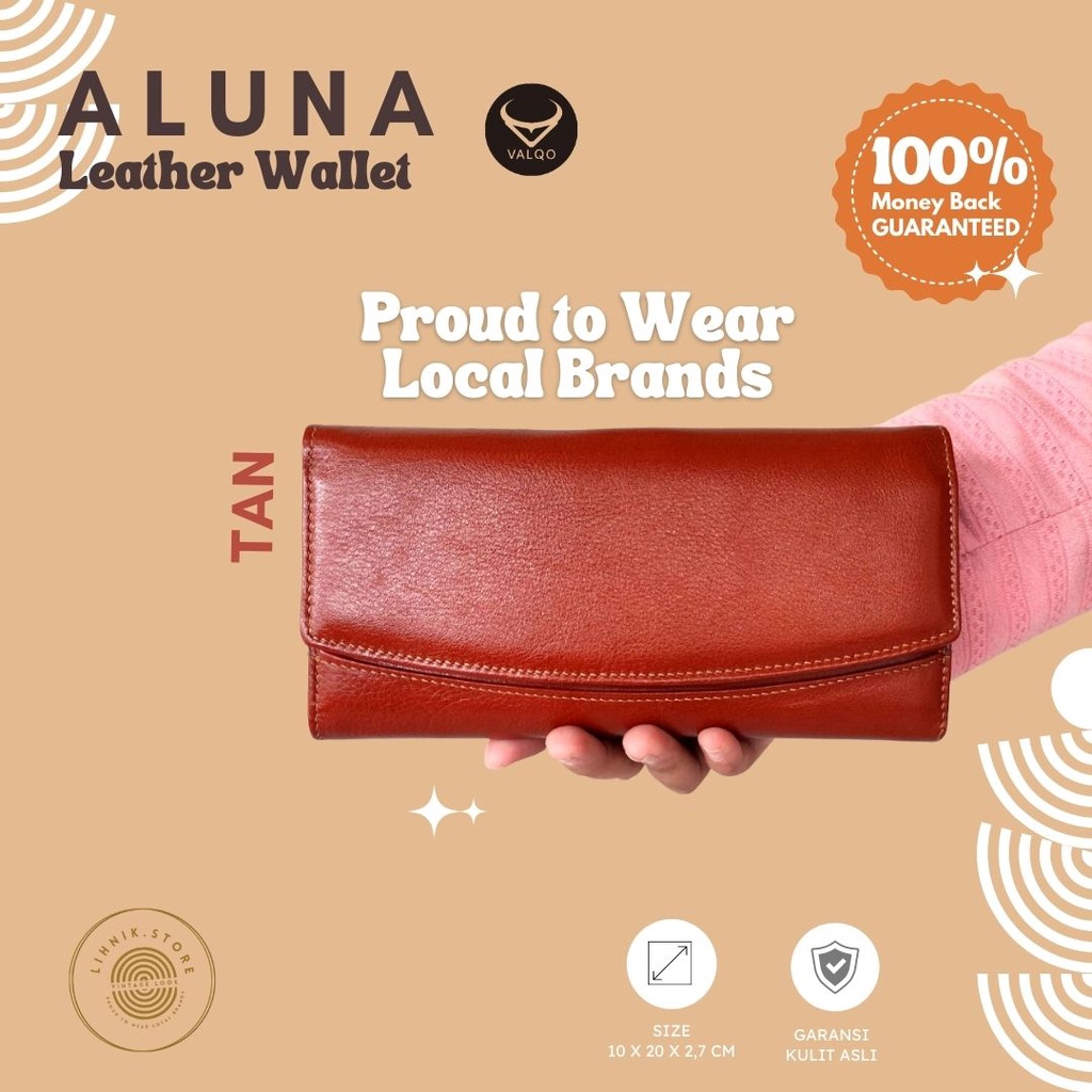 Bisa COD - Aluna Dompet Lipat Panjang Wanita 100% Original Kulit Asli Premium untuk Wanita perempuan