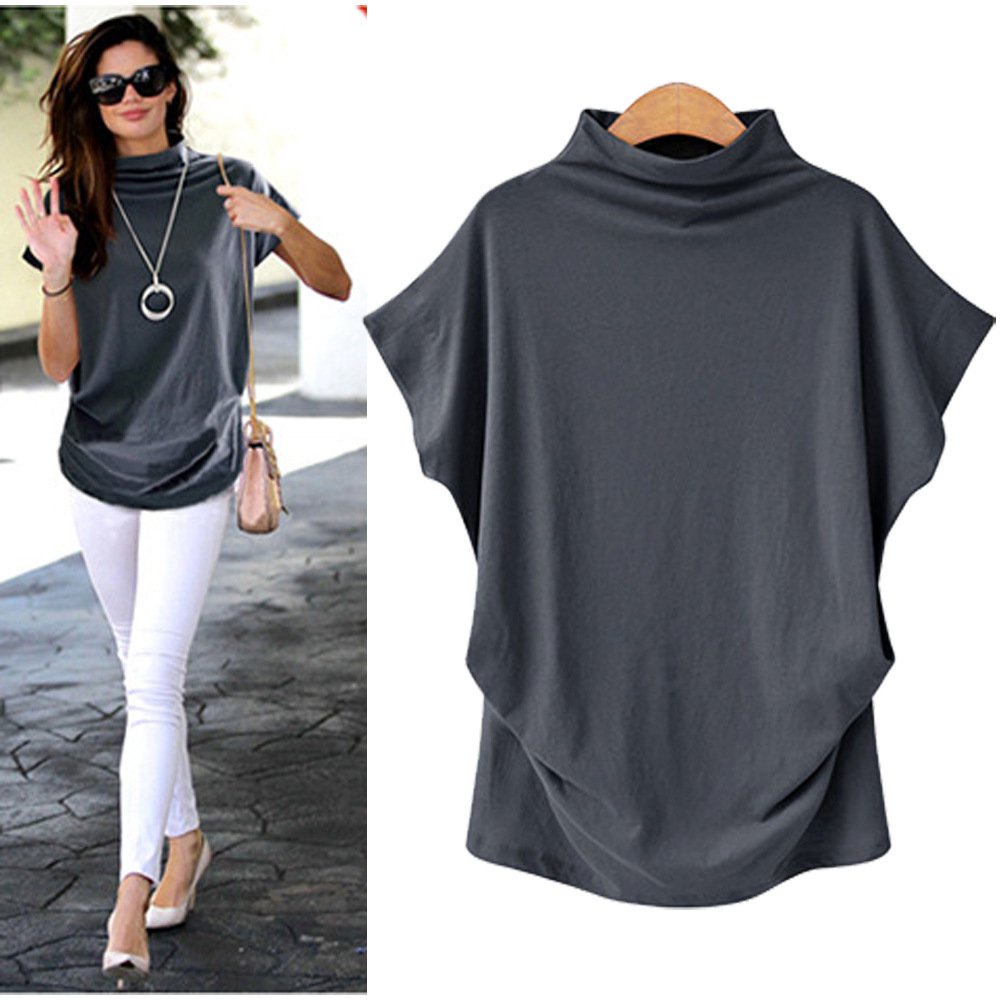 #Sisjuly# Wanita Mid Length Casual Casual Musim Panas Wanita Leher Tinggi Top Bat Sleeve Short Sleev