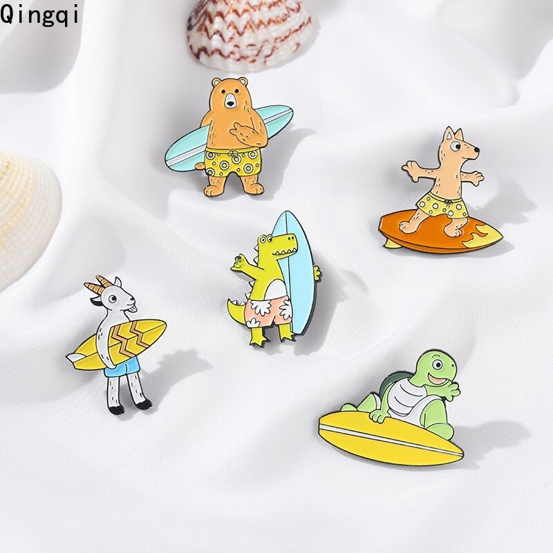 Ocean Bros Pin Enamel Desain Kartun Hewan Kambing / Beruang / Anjing / Buaya / Kura-Kura Aksesoris Kerah Kemeja / Tas