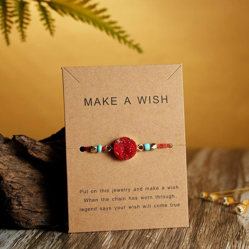 Handmade Gelang Tali Kepang Dengan Charm Batu Alami Tulisan Make A Wish Untuk Wanita