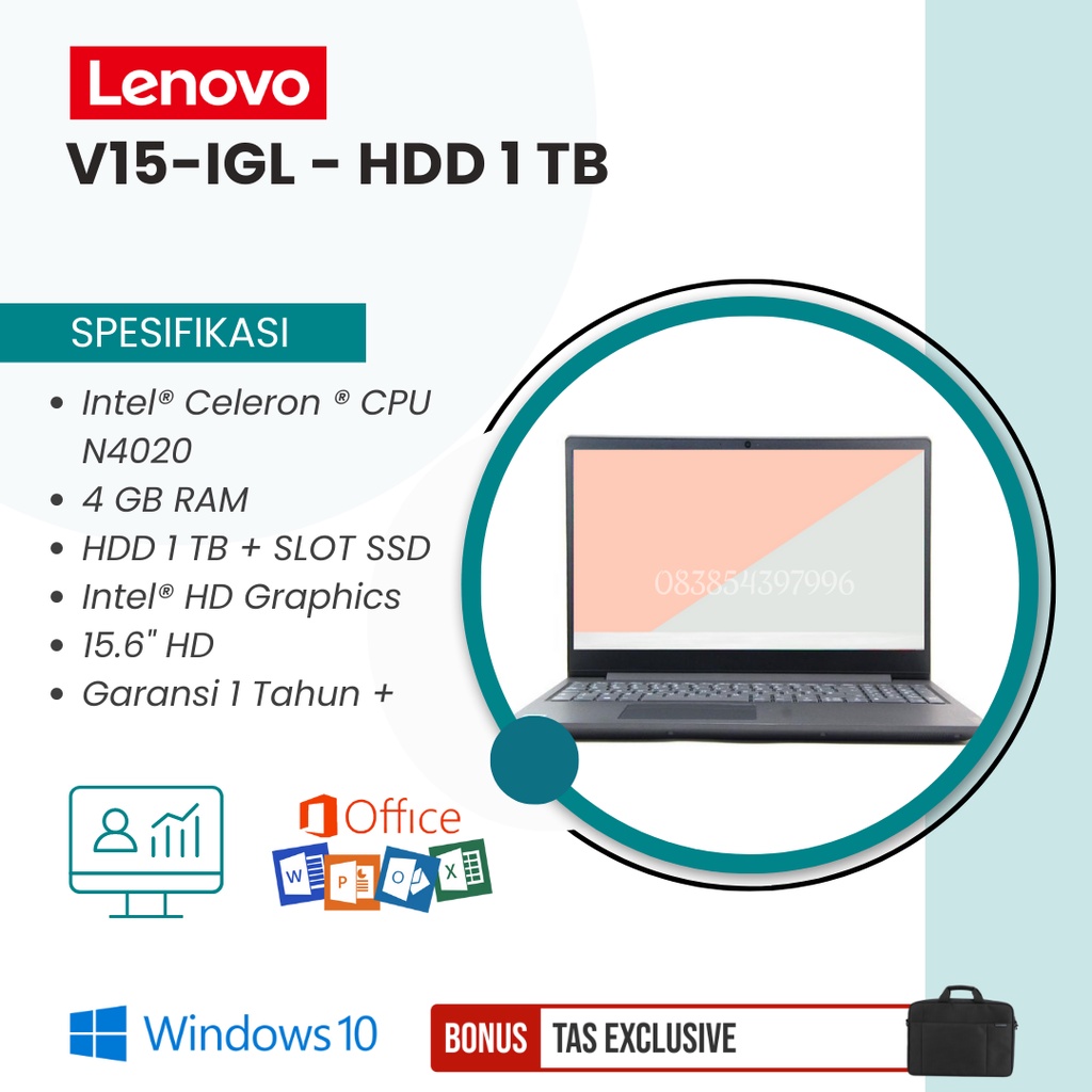 LAPTOP LENOVO V15-IGL TERMURAH - TURUN HARGA ! [CELERON N4020 / 4GB DDR4 / HDD 1TB + SLOT SSD / INTEL HD GRAPHICS / 15.6&quot; HD / FREE INSTALL WINDOWS 10 + TAS LAPTOP EXCLUSIVE) - TEKNO KITA