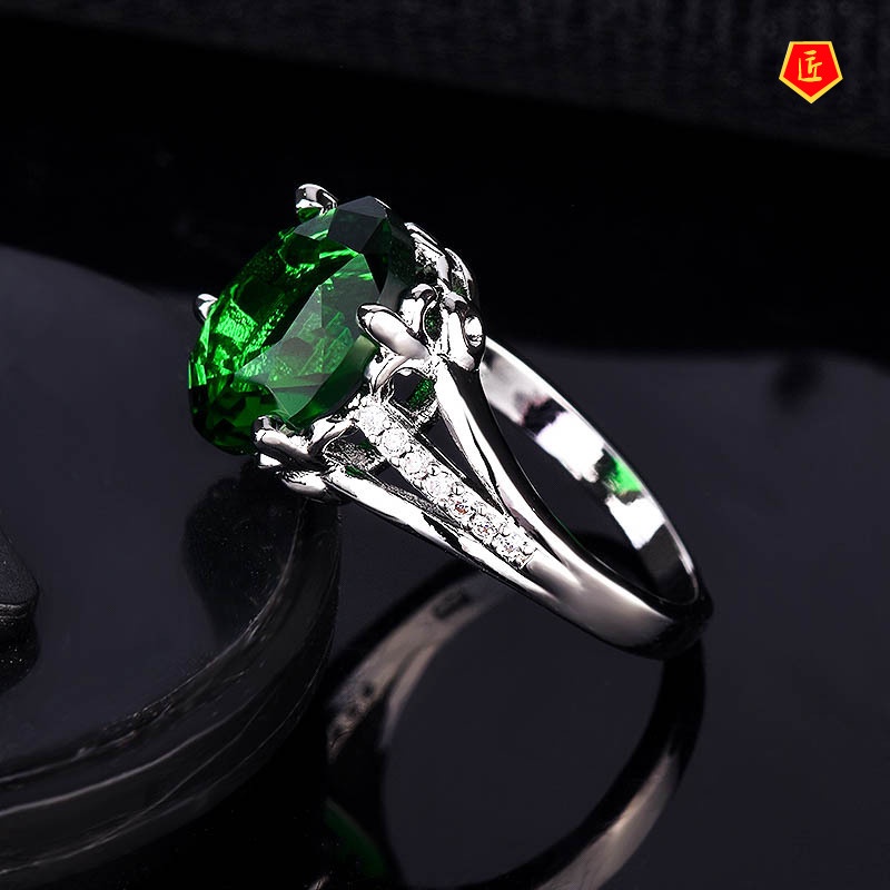 [Ready Stock]Fashion Elegant Green Colored Gems Ring Female 925 Silver