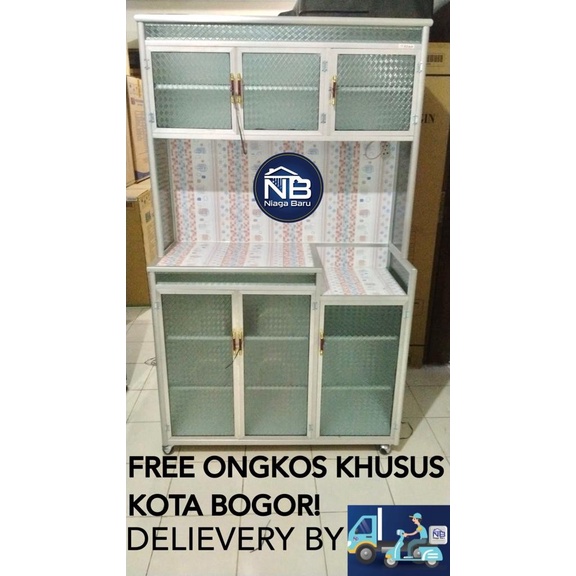 Rak piring / Lemari Piring Kaca Keramik 3 Pintu Keramik Roda Tiang Tebal KHUSUS BOGOR KURIR TOKO