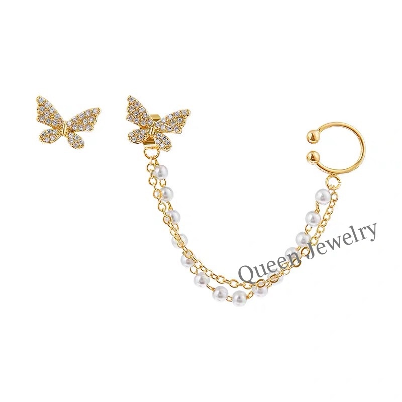 Butterfly set Anting Klip Telinga Model Kupu-Kupu Rumbai Rantai Menjuntai Gaya Korea