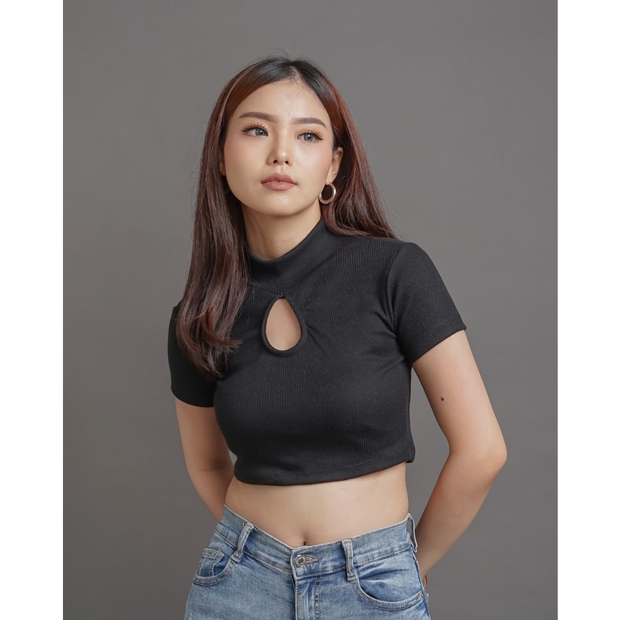 MODAVIE - ANGEL Crop Top Korean Style Basic Crop Tee High Neck Kaos Atasan Wanita Korea Baju Rajut