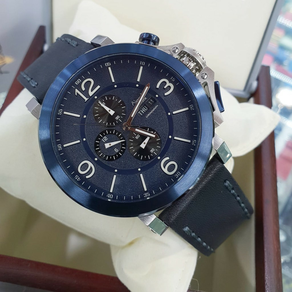 Jam original alexandre Christie AC 6281  pria tali kulit biru silver
