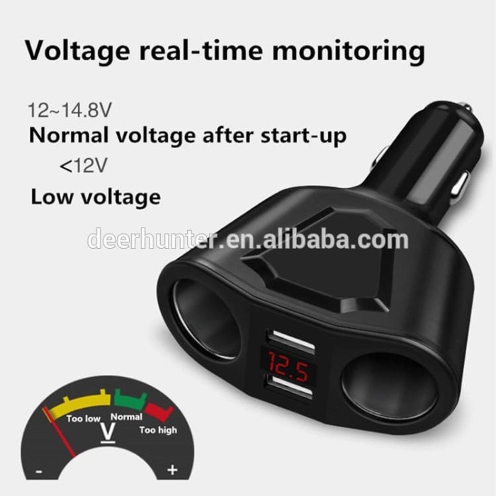 Cuci Gudang Charger Mobil 3.1A dengan Monitor Voltage dan 2 Cigarette Socket