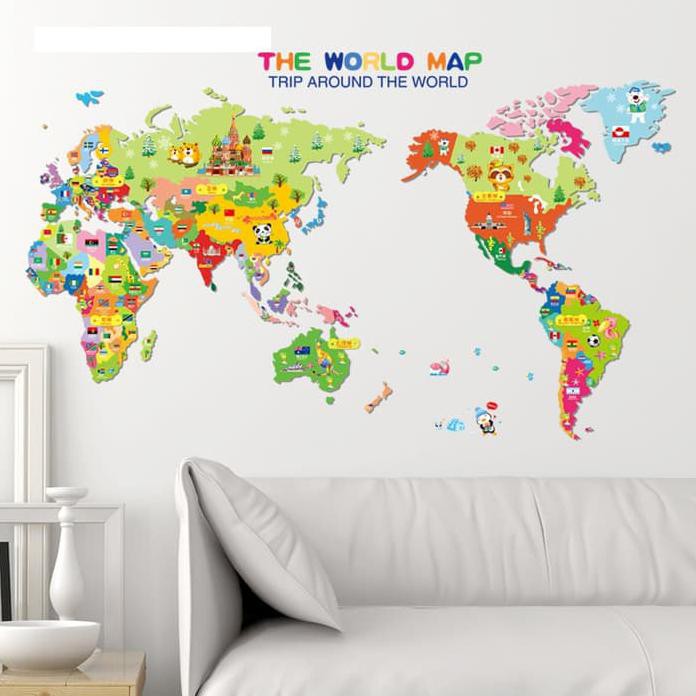 Wallpaper Stiker Dinding Peta Dunia Atlas Warna Wall Sticker Premium