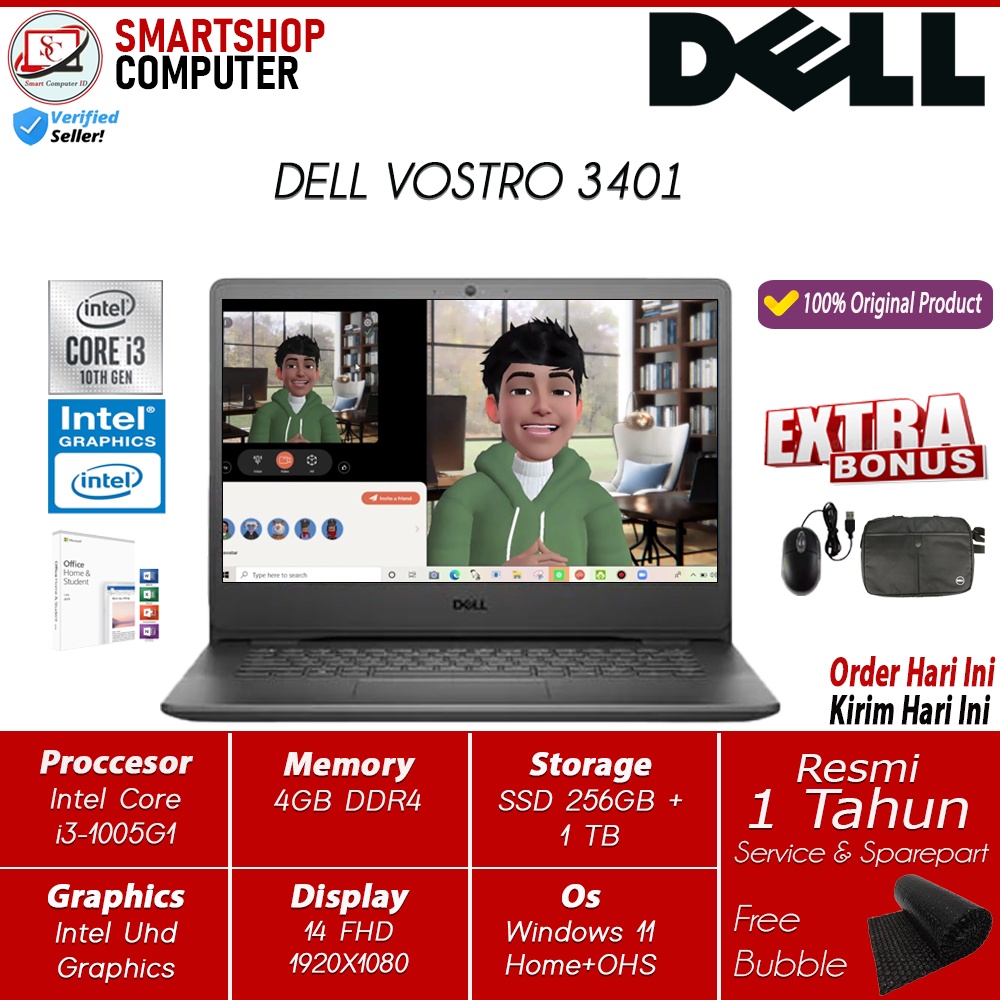 Laptop Dell Vostro 3401 Intel I3 1005G1 16GB 1TB SSD+1TB HDD FHD Win11 Office Ori Black Terlaris
