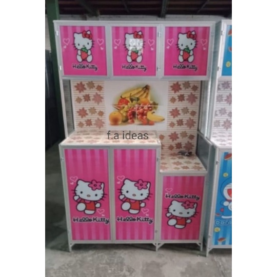 Lemari kaca Rak Piring 3 pintu karakter Hello kitty