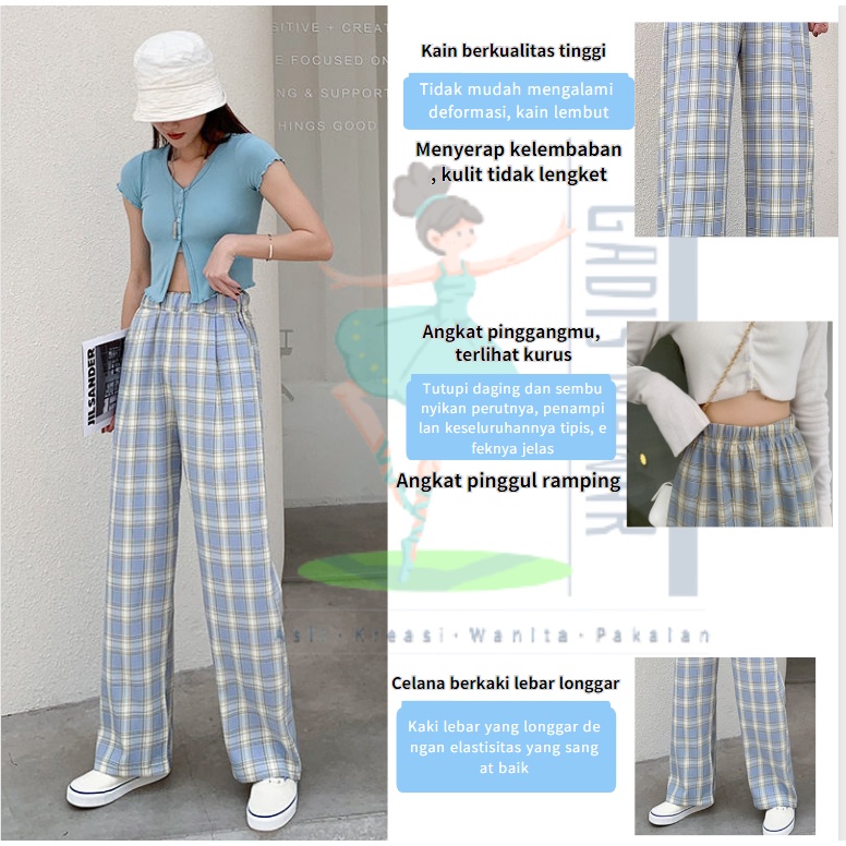 Kotak-Kotak Model Longgar Highwaist celana tartan wanita Celana Wanita Kekinian Korea Celana Kotak Kotak