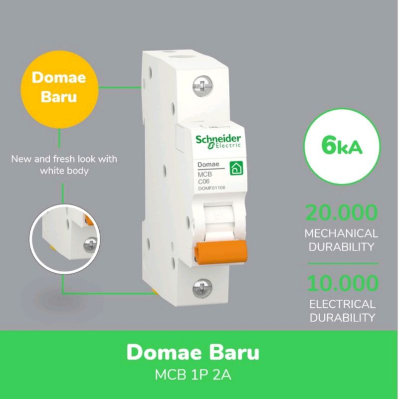 MCB Schneider 2A 1Phase New Domae MCB Pemutus Arus Sneider 2 Ampere