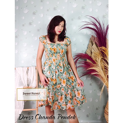 Sweet Honey ~ Dress Chanda Canda Kerut Jumbo Rayon Bali LD 120cm Dress Midi Motif Bunga Mawar Vanessa Fuji Worm