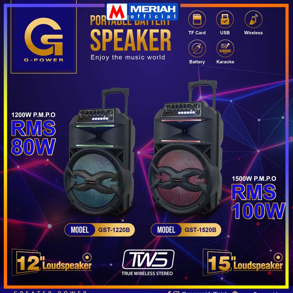 Speaker Portable Bluetooth G-POWER GST 1520B 15 Inch Free 2 Mic Wireless