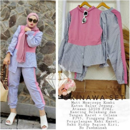 Setelan wanita Kekinian / Okinawa Set Katun Salur