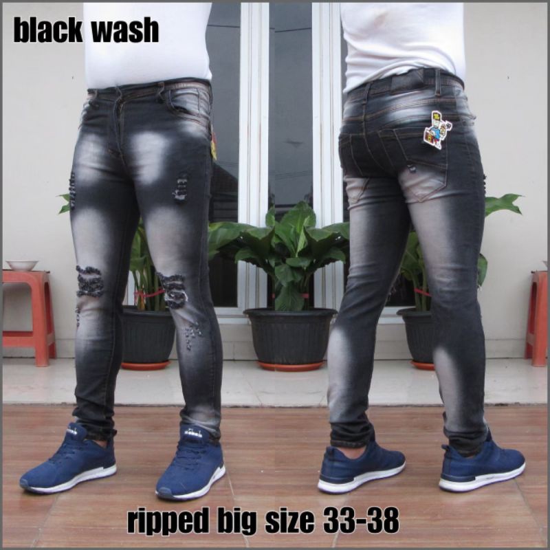 BIG SIZE - JUMBO CELANA JEANS SOBEK PRIA DENIM WASH BIKER RIPPED COWOK