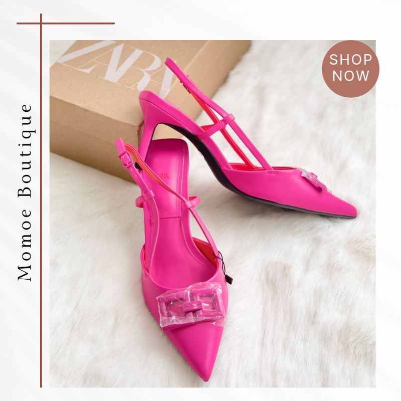 ZS735 Sepatu Sandal High Heels Zara Slingback Pink Fuschia Shoes