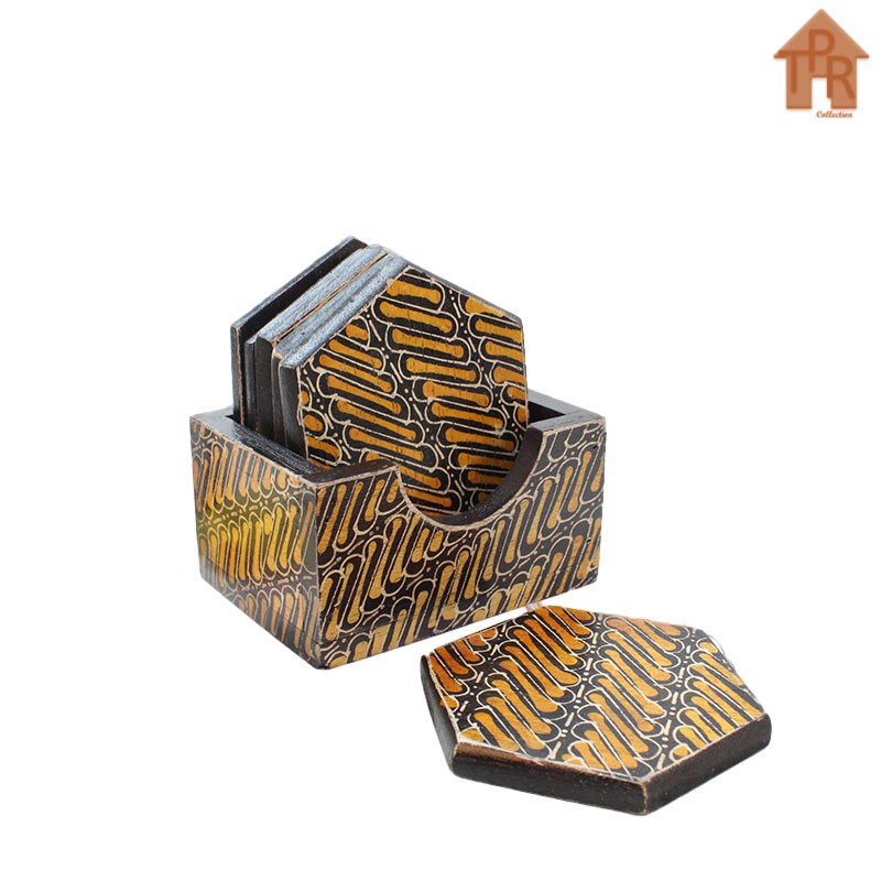 Coaster Kayu Batik / Tatakan Hexagonal Box D9 x 6pcs.