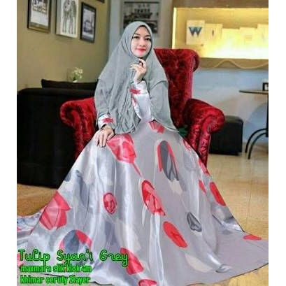 SYARI TULIP ABU / GAMIS PESTA / GAMIS /HIJAB /GAUN PESTA MEWAH