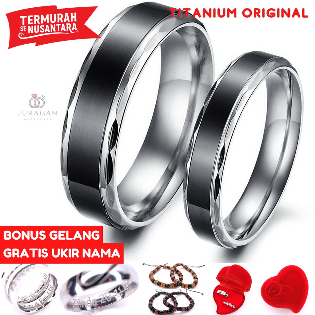 [AILOVIU] Cincin Couple Ukir Nama R22 Titanium Black Silver Elegant Tunangan Kawin + BONUS Gelang Couple