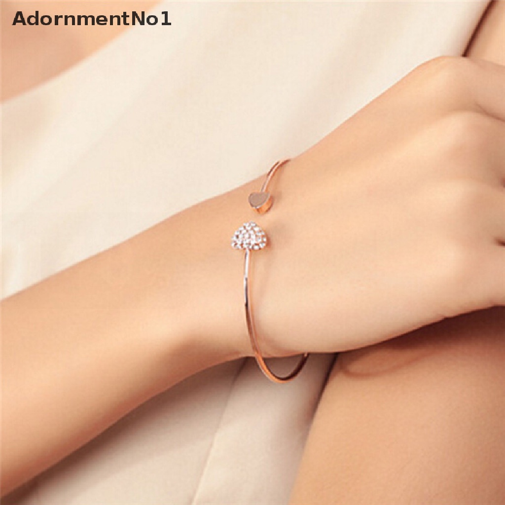 (AdornmentNo1) Gelang Bangle Cuff Desain Hati Hias Berlian Imitasi Warna Emas Untuk Wanita