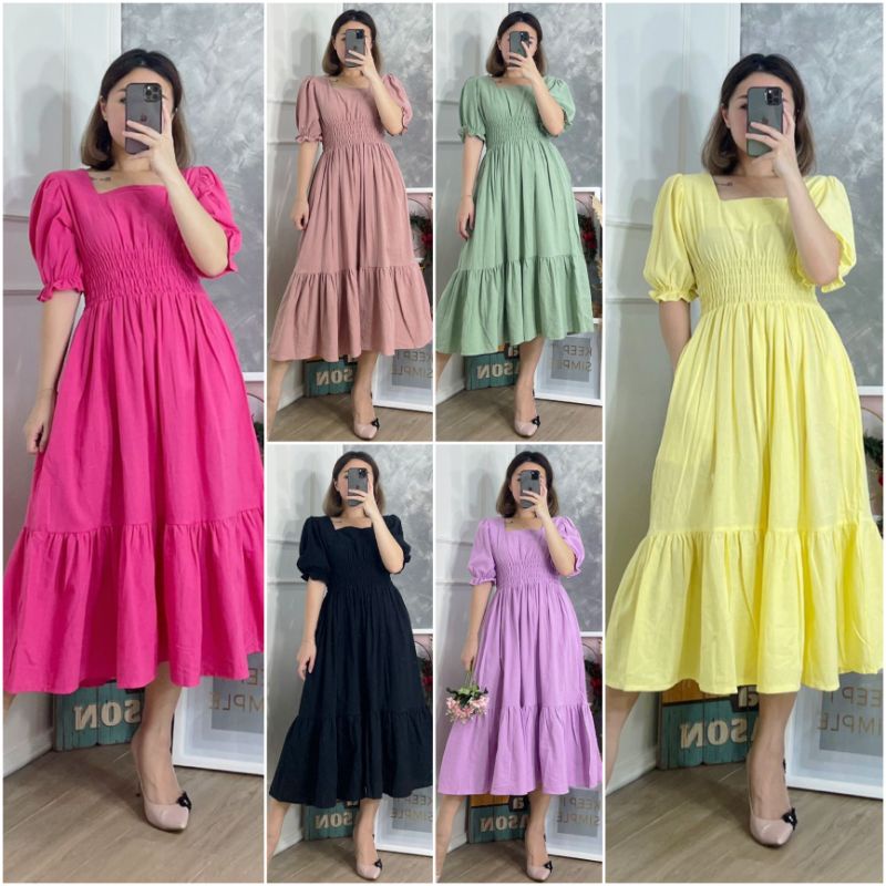 ⚡️ SALE ⚡️ PREMIUM ♡ ORIGINAL ! CLARINETTE SQUARE NECK SMOCKED WAIST RUBBER RUFFLE MIDI DRESS