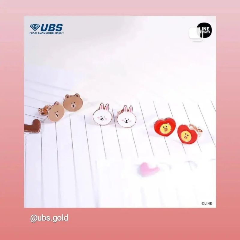 Kalung, gelang serut, giwang anting tusuk edisi LINE Cony, Brown, Sally berat ringan lucu UBS kadar 8K 375