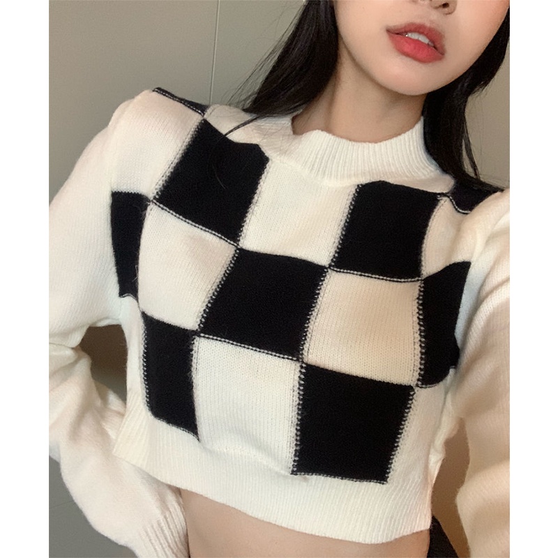 sweater crop knit lengan panjang wanita kotak kotak knitwear