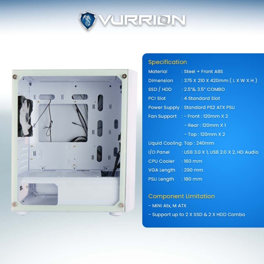 VURRION DRAGON EYES WHITE - FREE 1 FAN RGB Casing Gaming PC Komputer