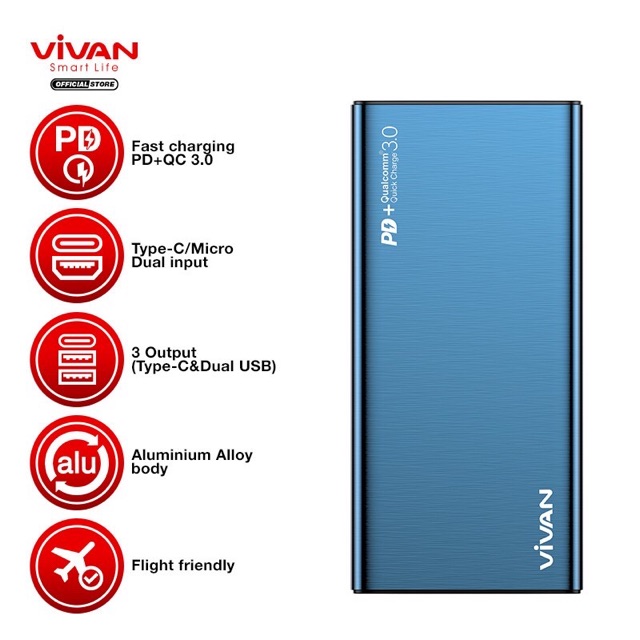 ORIGINAL Powerbank VIVAN VPB - F10S M10 H15 H20 10000mAh Dual USB Two Way 18W Quick Charge 2 Input 3 Output