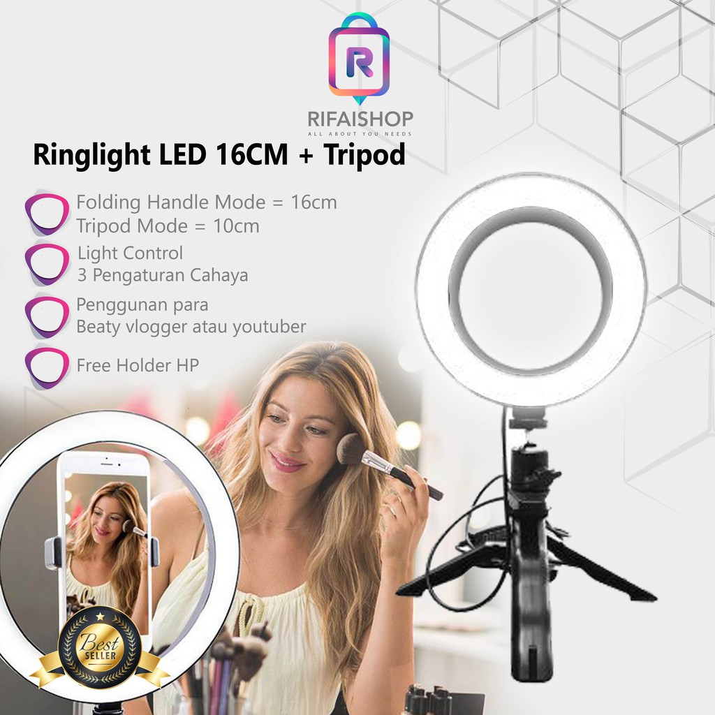 Ring Light LED 16cm + Tripod for Selfie Vlogging,Makeup ringlight