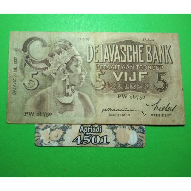 UK171 UANG KUNO ASLI 5 GULDEN SERI WAYANG TAHUN 1937 KOLEKSI UANG KERTAS LAMA INDONESIA #VF50
