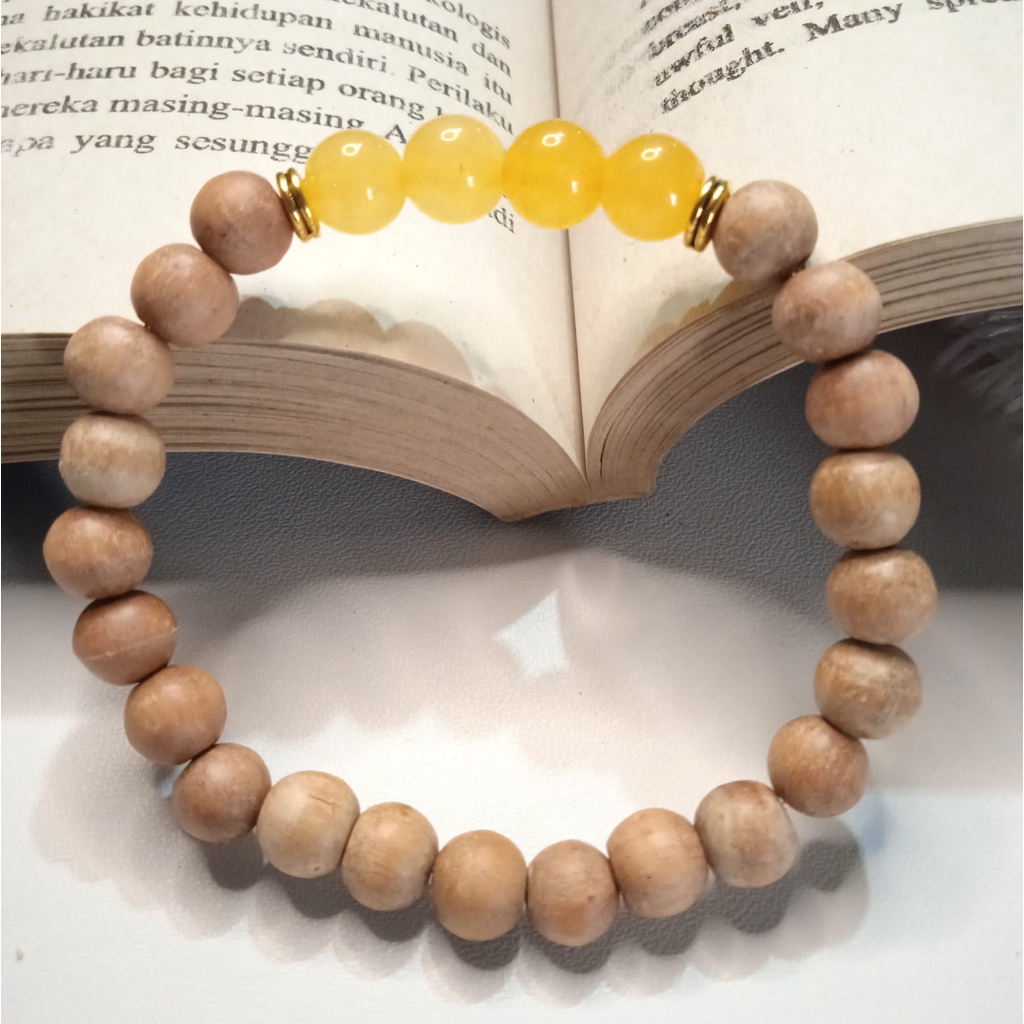 Gelang Batu Original Handmade Kayu Cendana Kombinasi Batu Alam Yellow Jade