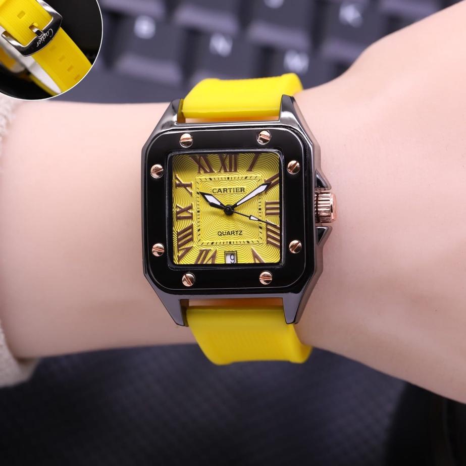 Top Produk.. Jam Tangan Wanita Cartier LS Tali Rubber Body Segi Hitam Tanggal Aktif