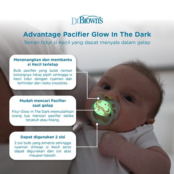 Dr. Brown's Advantage Pacifier Glow In The Dark Stage 1 (0-6m) dan Stage 2 (6-18m) / Empeng Bayi isi 2