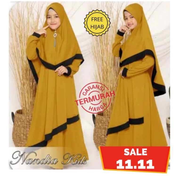 Set Gamis Anak Tanggung Perempuan Nandia kids Umur / Busana Baju Muslim 9 - 15 GRATIS kerudung syar