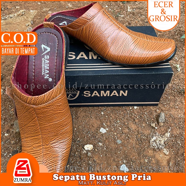 SAMAN Sepatu Slip On Bustong Kulit Asli Glossy 3 Pilihan Warna 6 Size Hitam Coklat Tan 39 40 41 42 43 44