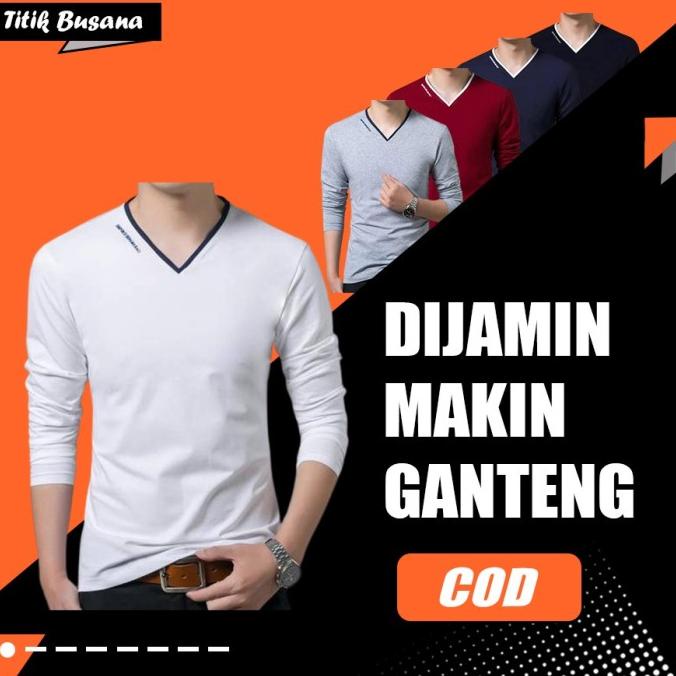 Kaos Lengan Panjang Pria Leher V Varmen Slim Fit Kaos Cowok V Neck