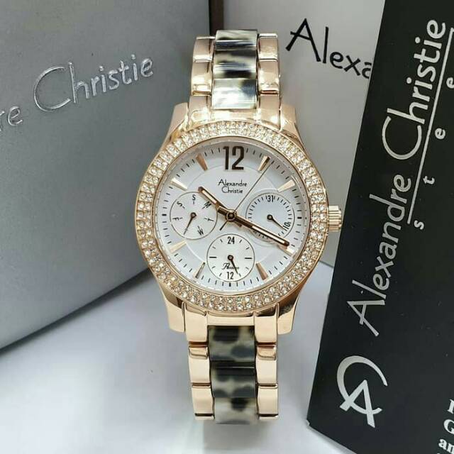 Jam tangan wanita alexandre christie ac 2463 Rosegold leopard white garansi resmi 1 tahun