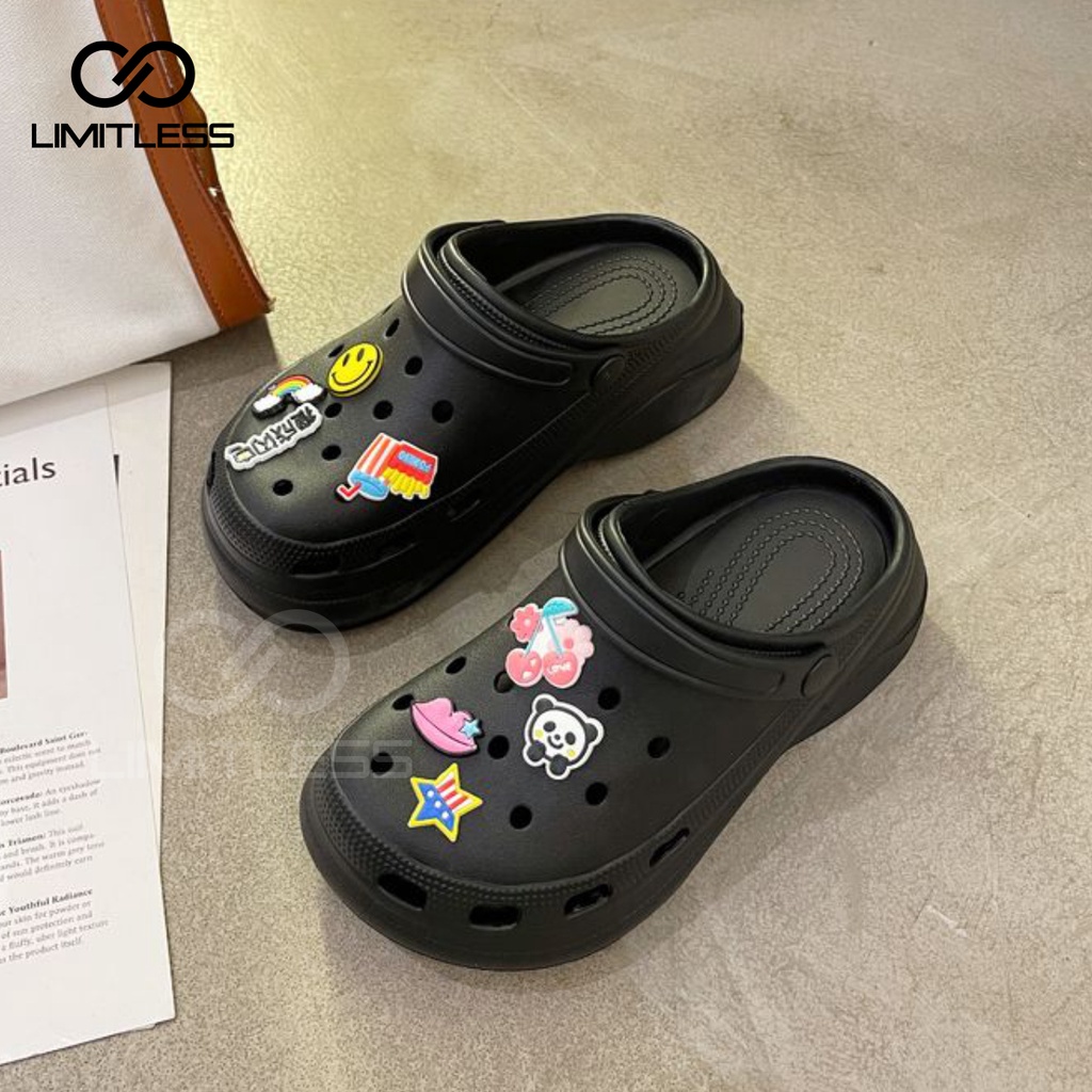 Sandal Fuji Viral Import Jibbitz Sendal Platform Wanita Model Bakpao Sendal Kodok Wanita Lubang Bernapas Anti Bau