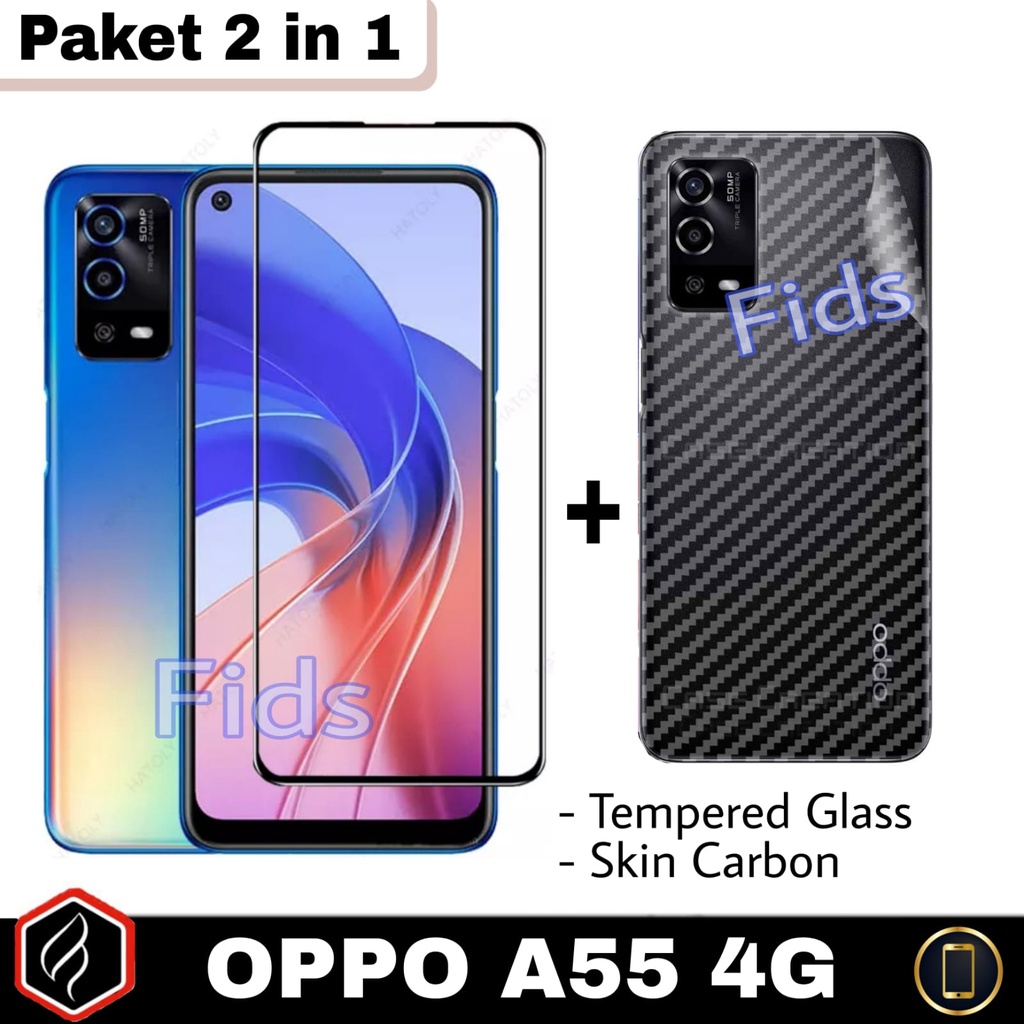 Paket 2 in 1 Tempered Glass OPPO A55 4G Anti Gores Layar Full Cover Free Garskin Carbon