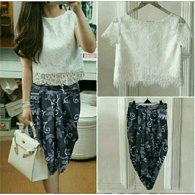 Setelan Brukat/Brokat/Lace Rok Batik Pendek Katun Pinggang Karet Cantik  Etnik Tradisional