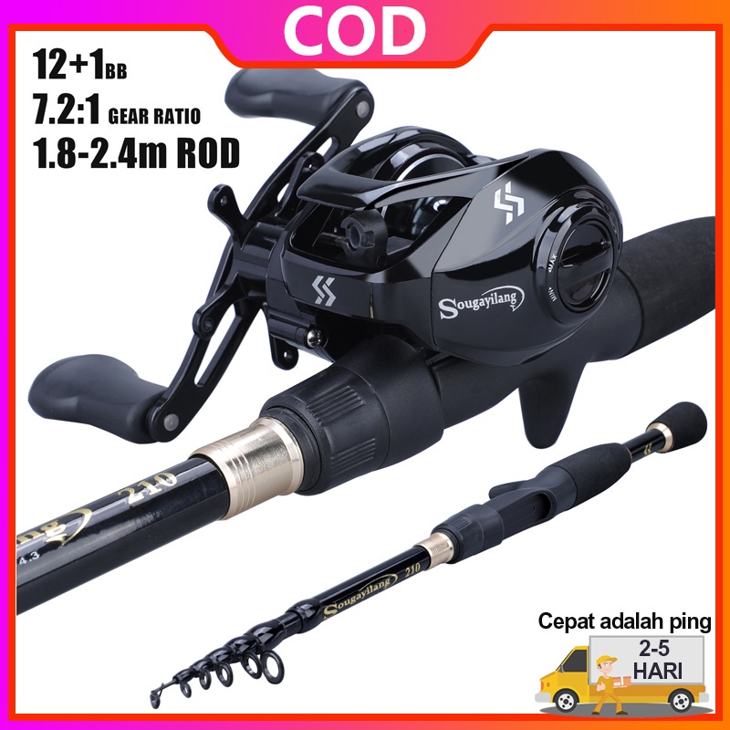 Sougayilang Telescopic Fishing Rod Reel Set 1.8m-2.4m Ultralight Weight Casting Fishing Rod dan 7.2:1 Gear Ratio 12 + 1BB Baitcasting Fishing Reel Combo pancingan set lengkap