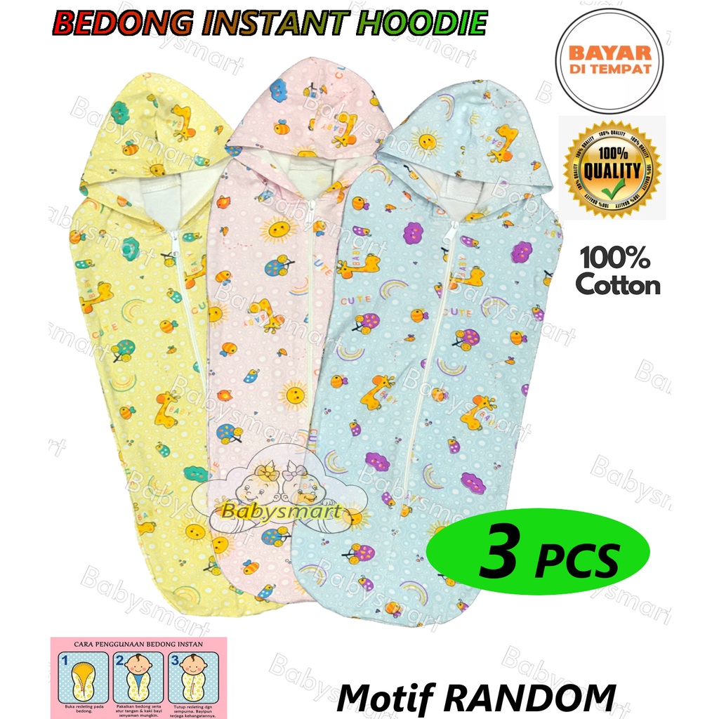 Babysmart - 3 PCS Bedong Bayi Instant dengan topi / Bedong HOODIE Motif RANDOM RYN'S Bahan 100% Katun