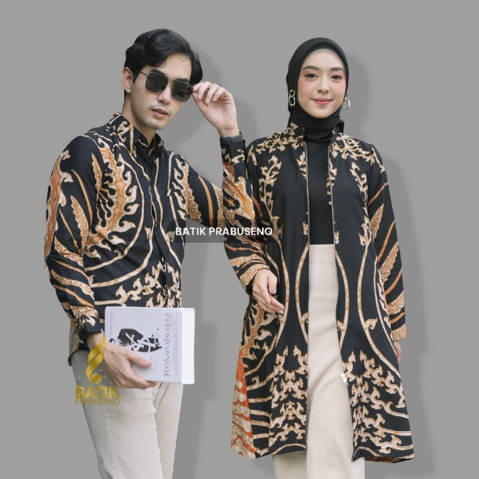 BATIK COUPLE BATIK PRABUSENO PRIA PANJANG TUNIK WANITA SAHIBA HITAM - S