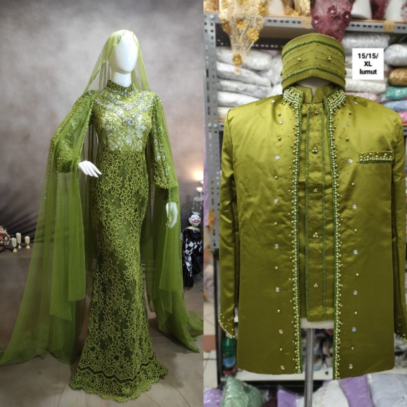 CAUPLE GAUN  PENGANTEN JUBAH MEWAH//GAUN SLIM DRESS/GAUN PASANGAN DESAINS TERBARU