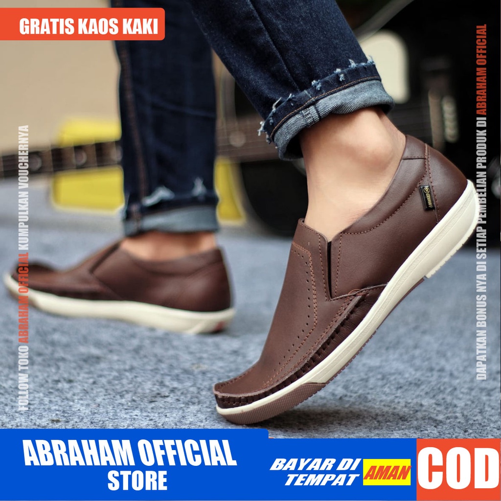 ABRHM X SANDRO Sepatu Slip On Pria Sepatu Pria Casual Cowok/Cowo Kulit Asli Sepatu Kasual Slop Anti Slip Semi Formal Kerja Kuliah Gaya Santai Keren Kekinian Original Murah Terlaris