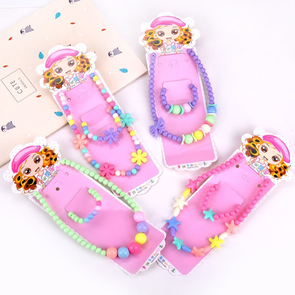 Hu Hu Hu Hu Hu Alat Bantu Pasang Kacamata♡ Set Perhiasan Kalung Gelang Bangle Liontin Manik-Manik Bunga Warna Permen Untuk Anak Perempuan